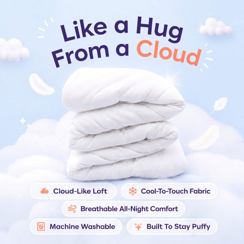 Cloud Puff Duvet — like a hug from a cloud: cloud-like loft, cool-to-touch fabric, breathable all-night comfort, machine washable, built to stay puffy