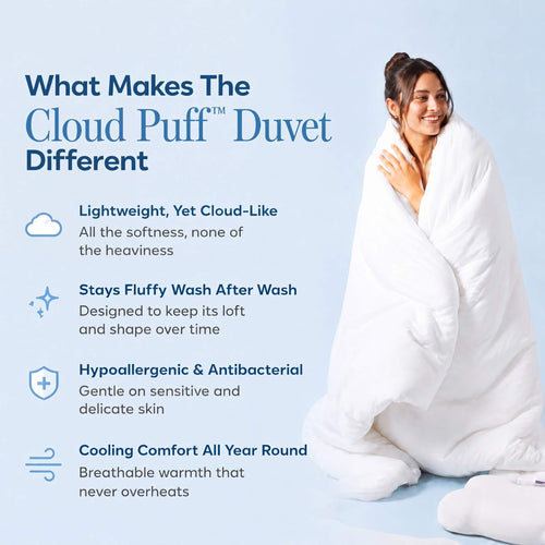 What makes the Cloud Puff Duvet different — lightweight yet cloud-like, stays fluffy wash after wash, hypoallergenic and antibacterial, cooling comfort all year round
