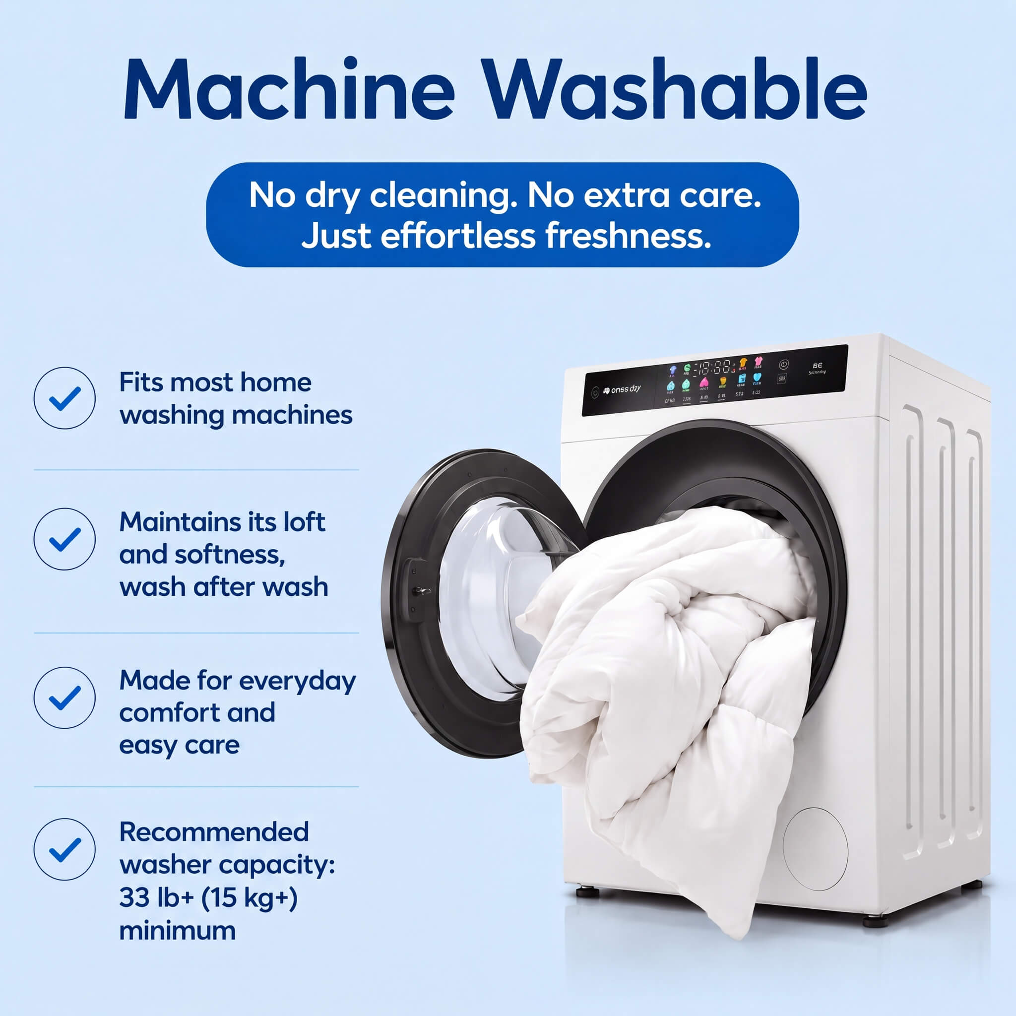 Machine washable — no dry cleaning, no extra care; fits most home washing machines and keeps its loft and softness wash after wash (recommended washer capacity 33 lb / 15 kg+)